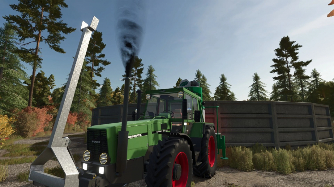 Fendt 600 LS tractor mod in Farming Simulator 25 with smoke from exhaust, surrounded by trees.