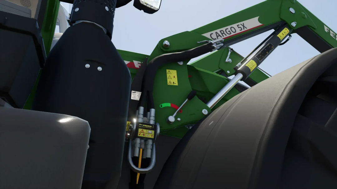 Close-up of Fendt Cargo5X Frontloader, a mod for FS25, showcasing hydraulic components.