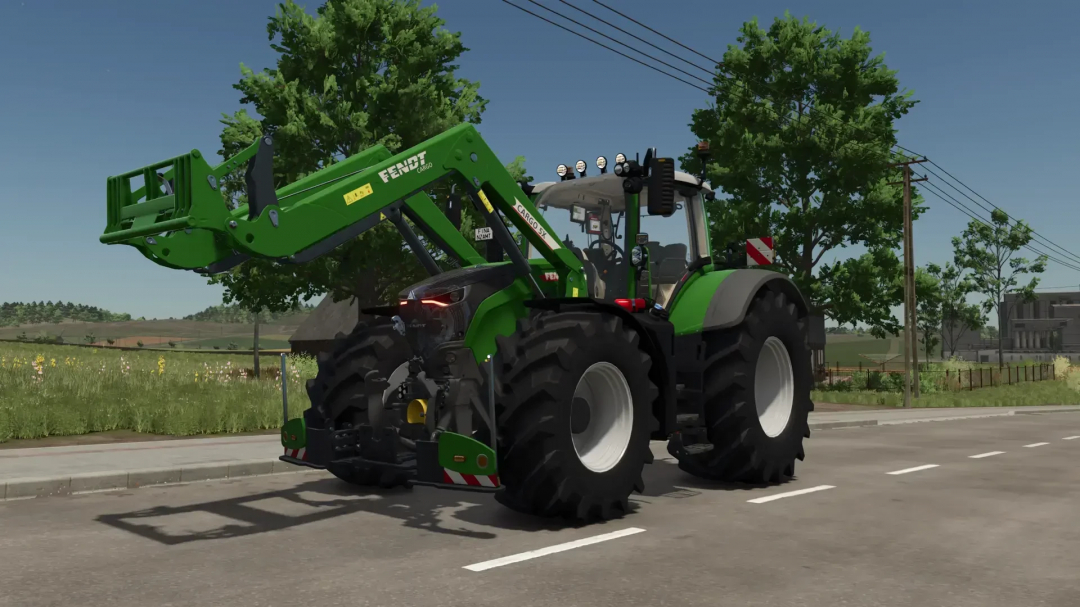 Fendt Cargo5X Frontlader mod in FS25, showcasing green tractor with front loader attachment.