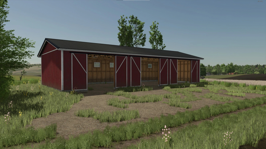 Finnish Shed Pack in FS25 mod, featuring a red wooden shed with large doors in a grassy landscape.