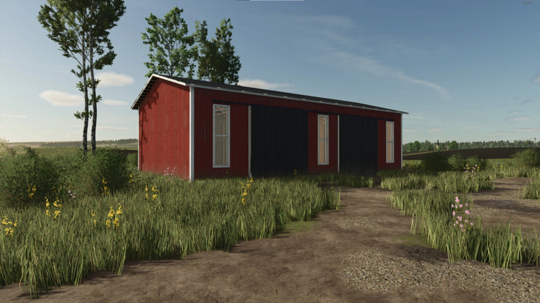 FS25 Finnish Shed Pack mod showcasing a red and black shed in a lush landscape.