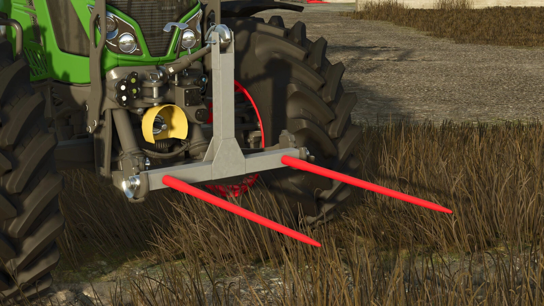 FS25 mod Fliegl Bale Transportcross v1.0.0.0 showing a tractor with a red bale spike attachment.