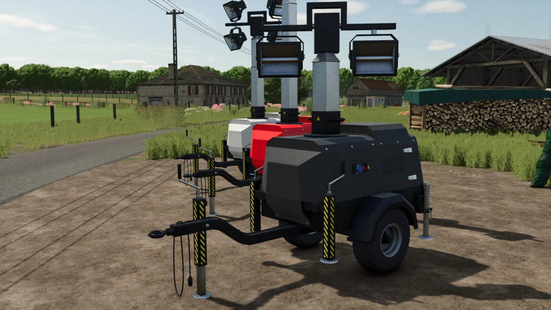 Flood Light Trailer mod for FS25 showing a trailer with flood lights on a farm.