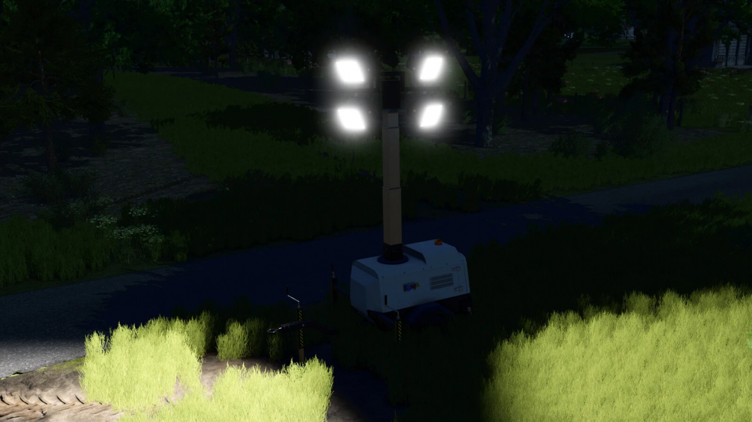 Flood Light Trailer mod for FS25, illuminating a dark field to enhance farming operations.