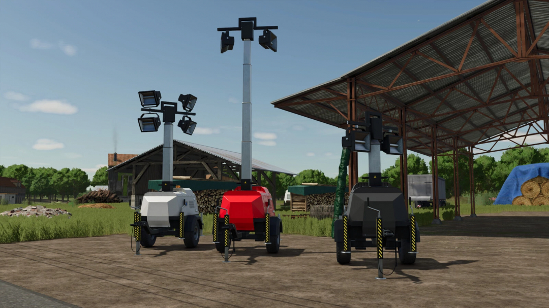 Flood Light Trailer mod in FS25 with three mobile lighting units in farm setting.