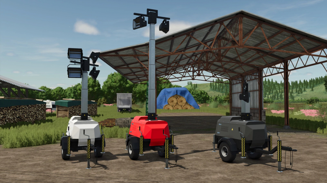 FS25 mod Flood Light Trailer v1.0.0.0 with three mobile lighting units in a farm setting.