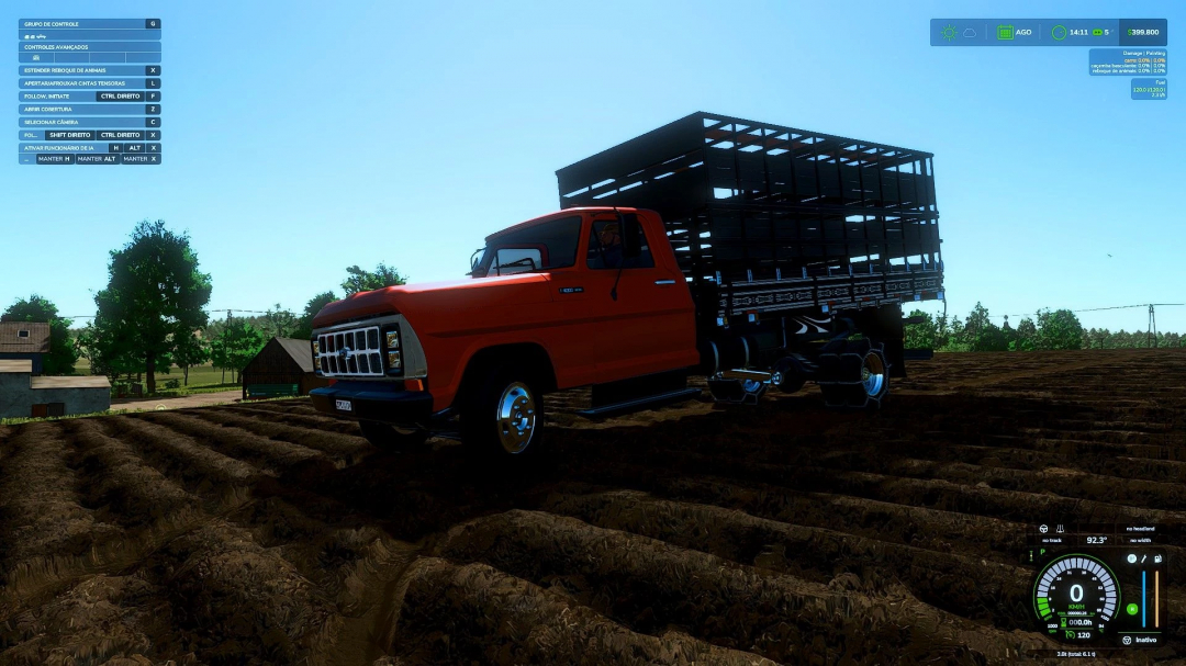 Ford F-4000 mod in FS25, red truck on a farm field.