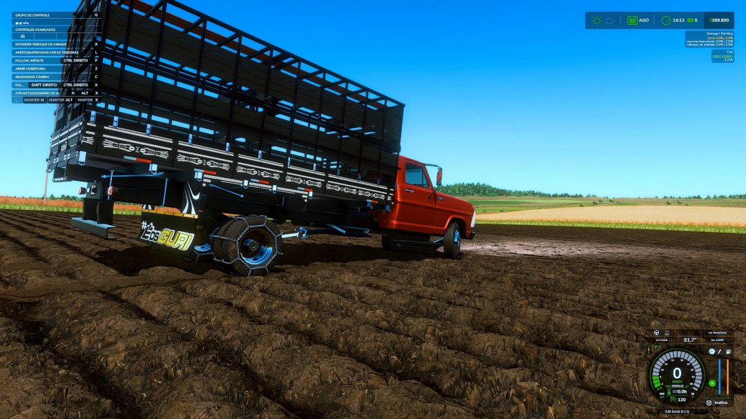 Ford F-4000 mod in FS25 on a farm landscape, featuring a red truck with a large black trailer mod. Farming Simulator 25 mods enhance gameplay.