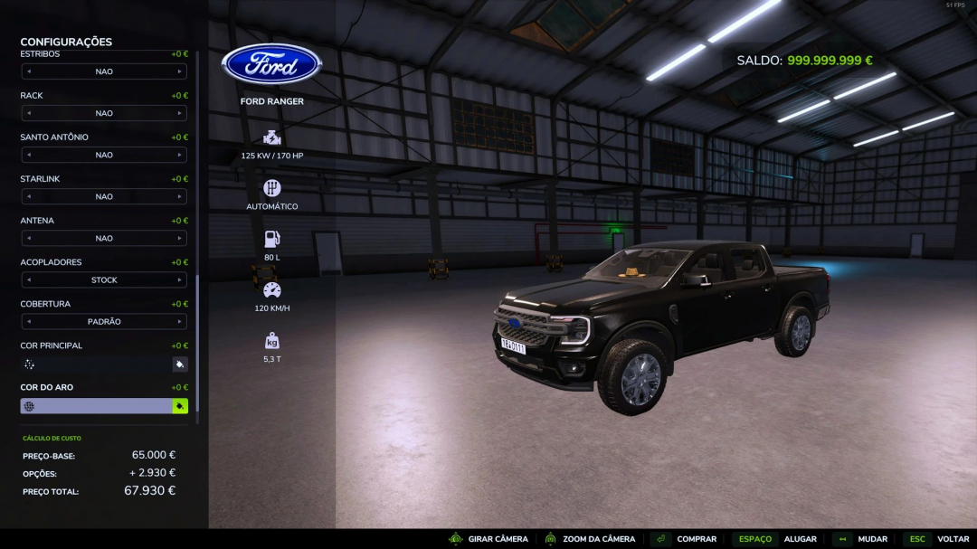 FS25 mod Ford Ranger 2025 Limited Edition in a garage, showing configuration options and pricing details.