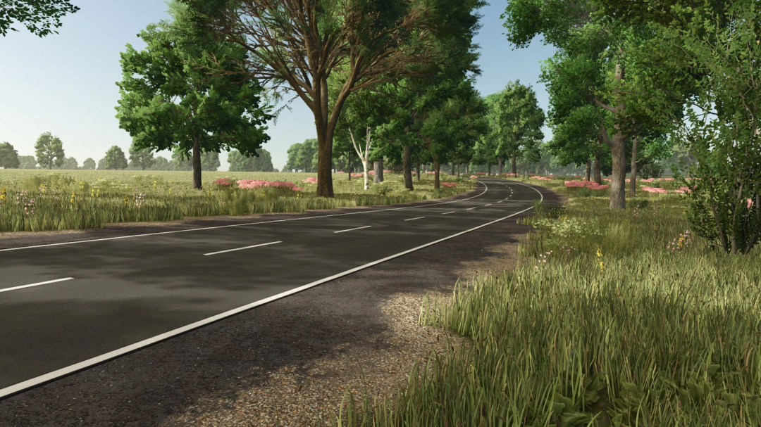 Scenic road in FrechDachs Map 4x for FS25, featuring lush trees and wildflowers.