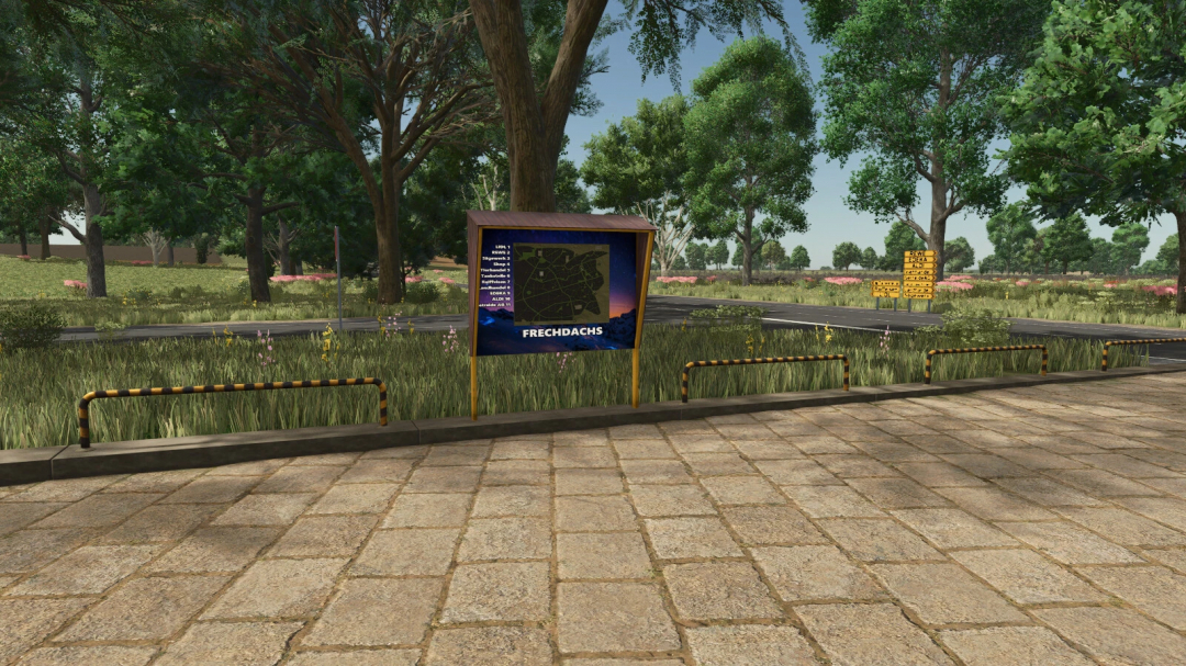 FrechDachs Map in FS25 mod showing a scenic park area with trees and a map board.