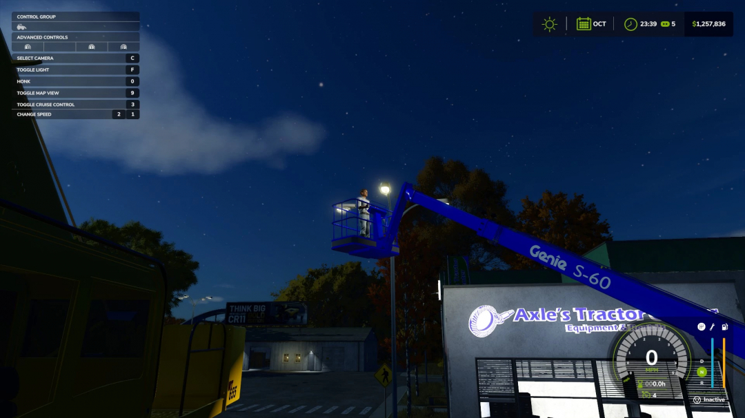 FS25 mods: Genie Boom v1.0.0.0 at night in Farming Simulator 25, showing a player on a lift near Axle's Tractor in a starry sky.