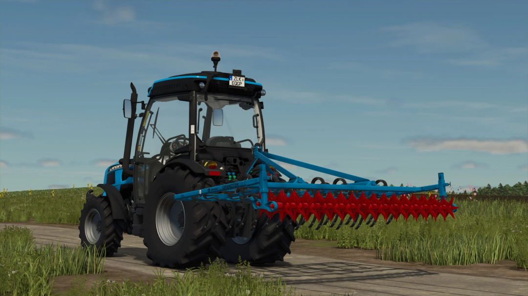 FS25 mod Gorenc Granoter 280 v1.0.0.0 attached to a tractor on a farm road.