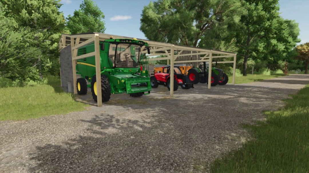 FS25 mod: Grain crusher with shed, showcasing large vehicles under a wooden shelter.