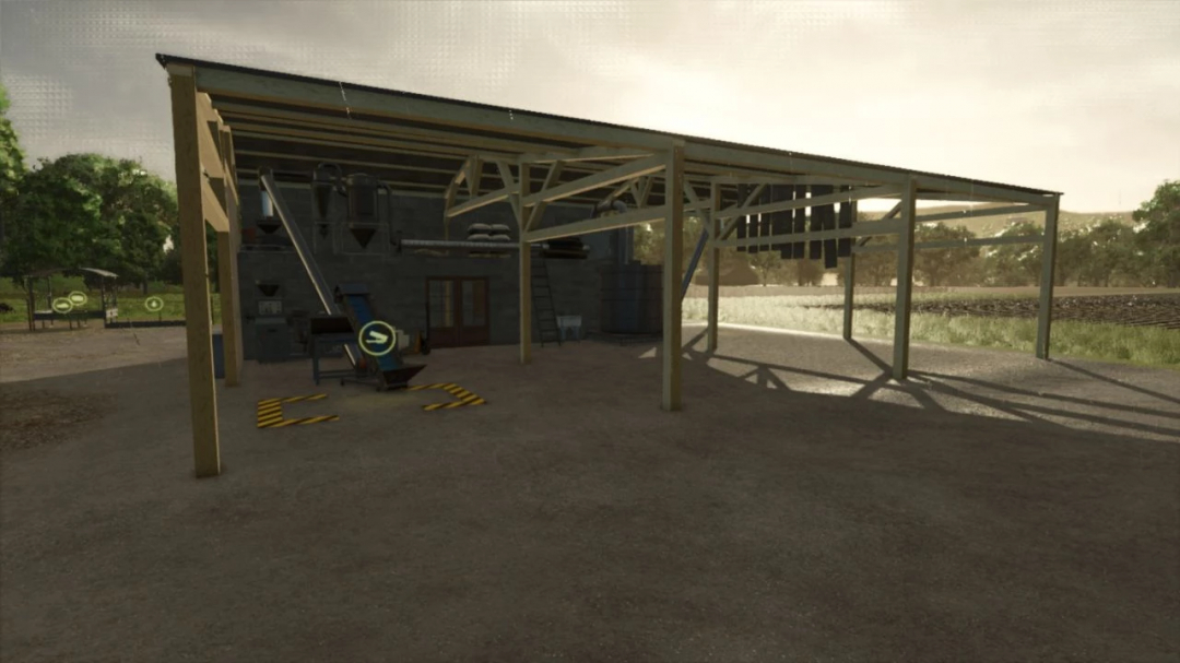 Grain crusher with shed mod in FS25, showing a structure with machinery under a wooden roof.