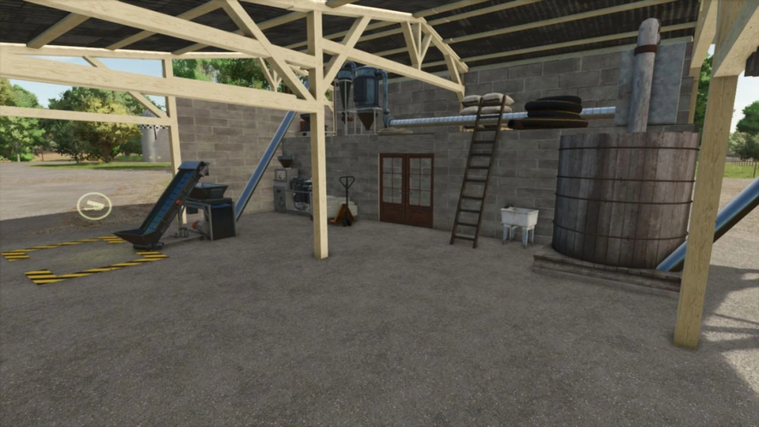 Grain crusher with shed in FS25 mod, featuring machinery and equipment for farming simulation.