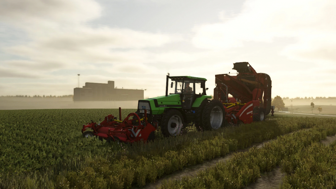 FS25 mods: Grimme FT300 and Rootster604 working in a field under a cloudy sky.