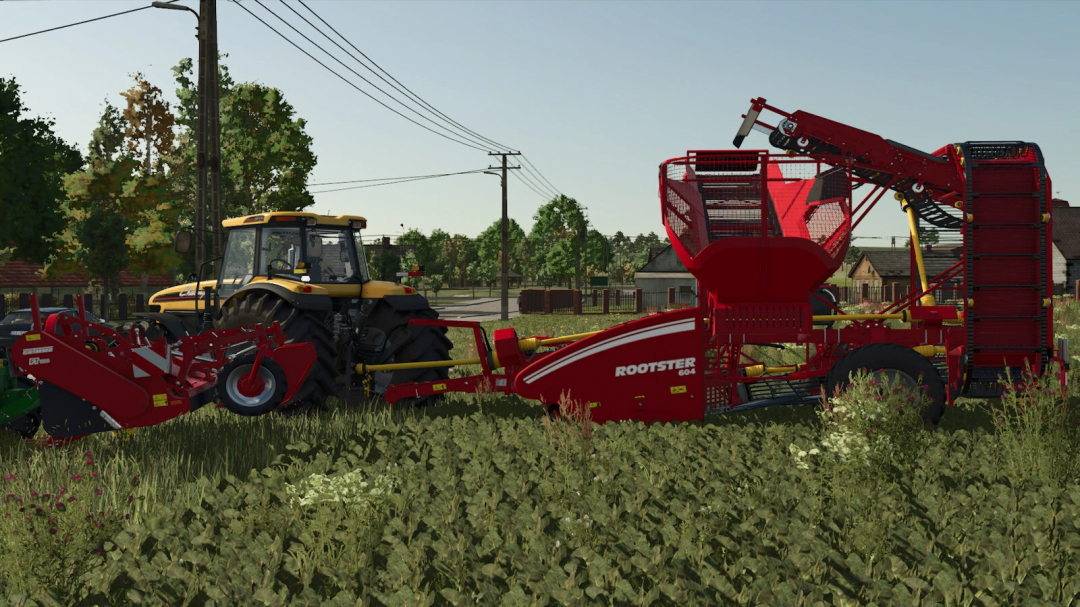 FS25 mods: Grimme FT300 and Rootster604 harvesting equipment in Farming Simulator 25 field.