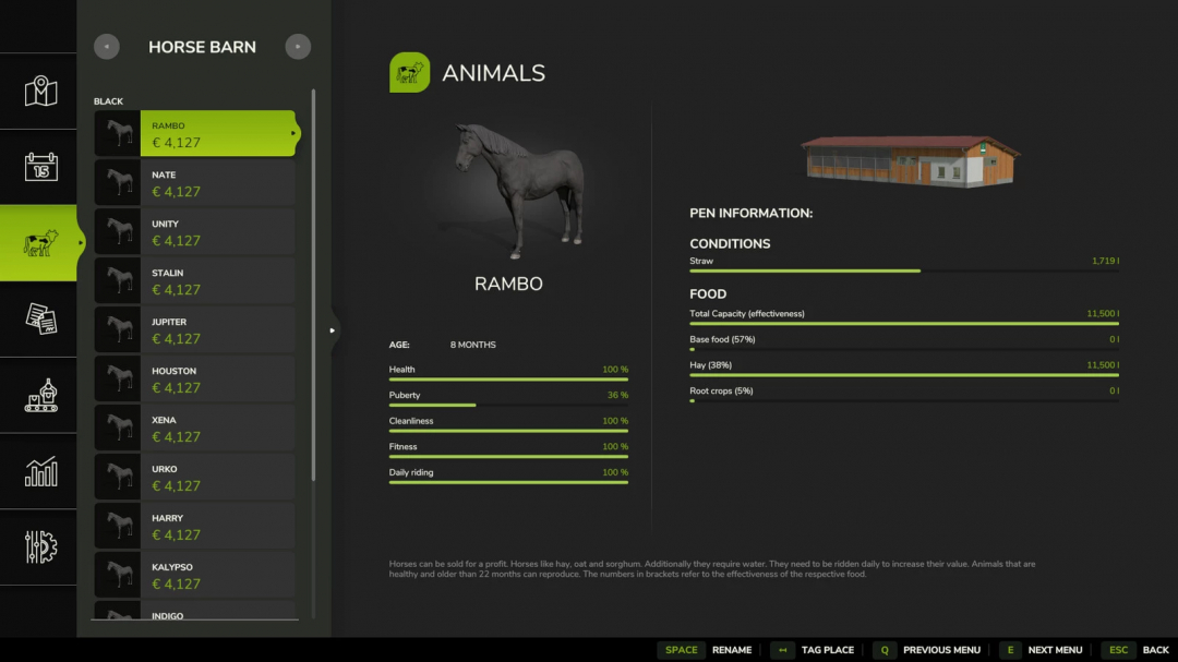 FS25 Horse Care Manager mod screen showing horse details like health, cleanliness, and food conditions.