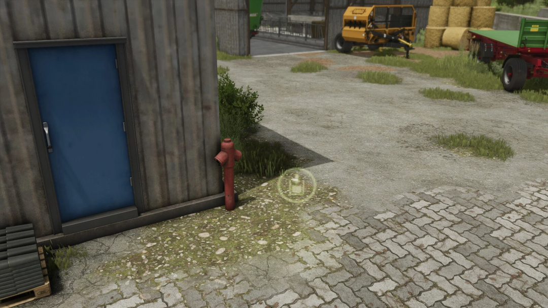 FS25 Hydrant Pack mod: hydrant beside blue door and farm equipment.