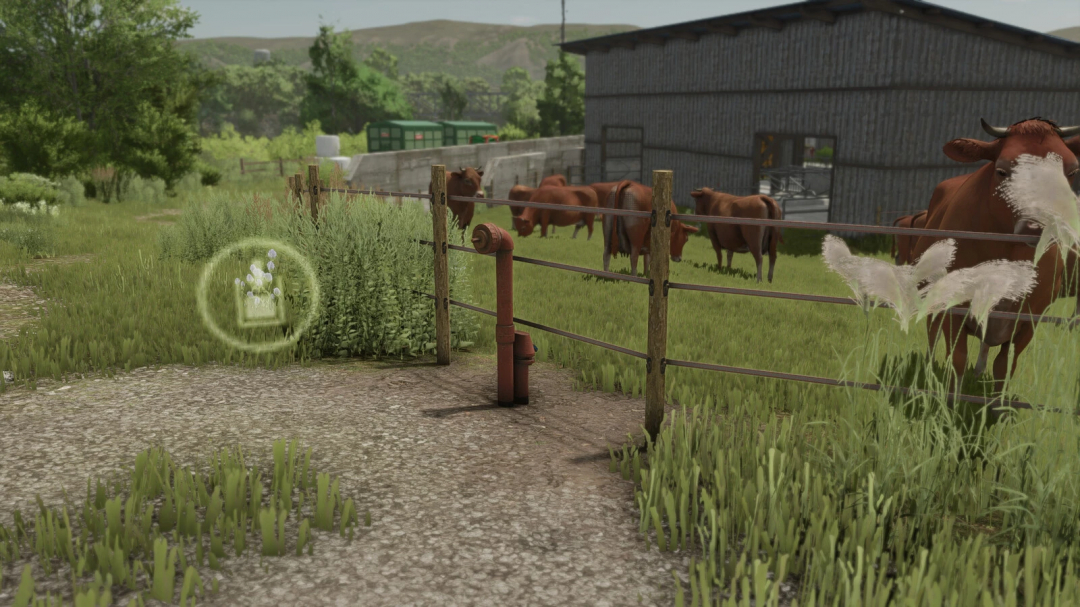 Hydrant Pack mod in FS25 featuring a farm scene with cows and a hydrant near a barn.