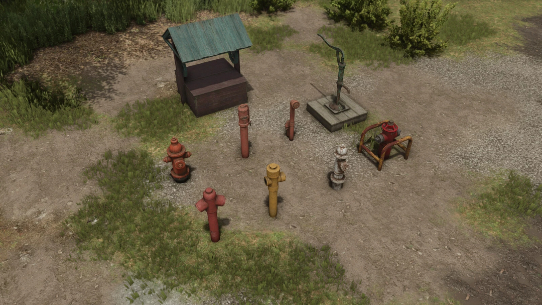 FS25 mods: Various hydrants in Hydrant Pack v1.0.0.0 for Farming Simulator 25, displayed in a natural setting.