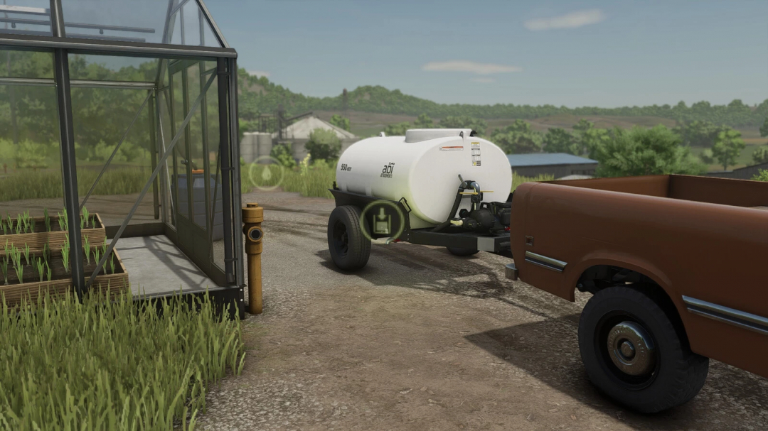 FS25 mod Hydrant Pack showing water trailer attached to a truck near a greenhouse.