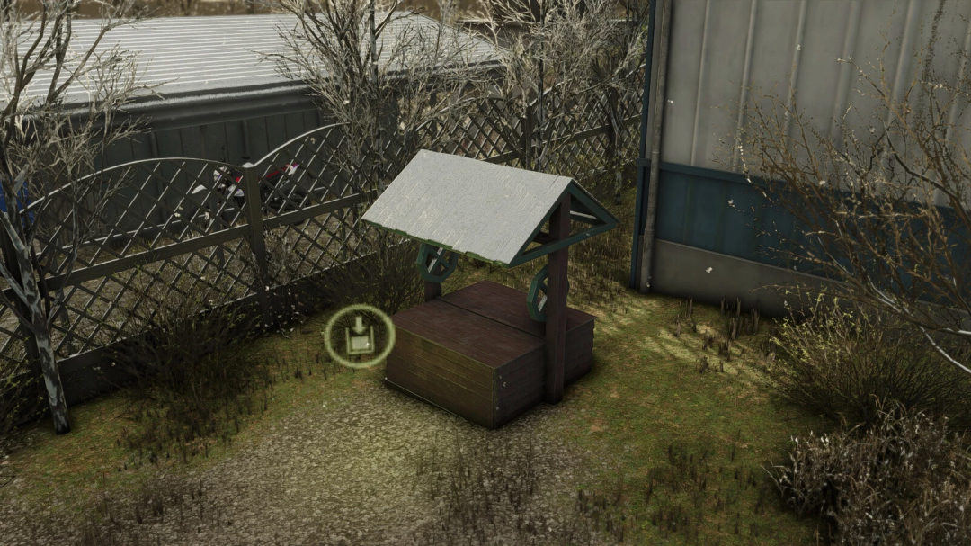 Image of Hydrant Pack mod in FS25, featuring a rustic wooden well next to a metal fence and warehouse.