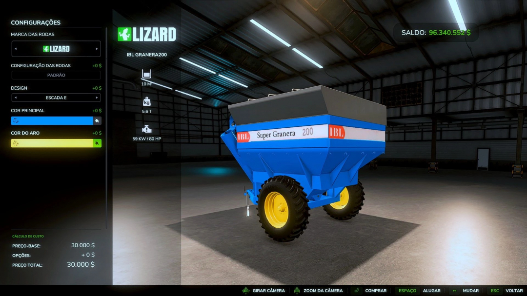 FS25 mods: IBL GRANERA 200 v1.0.0.0 trailer in Farming Simulator 25, featuring blue design with yellow rims.