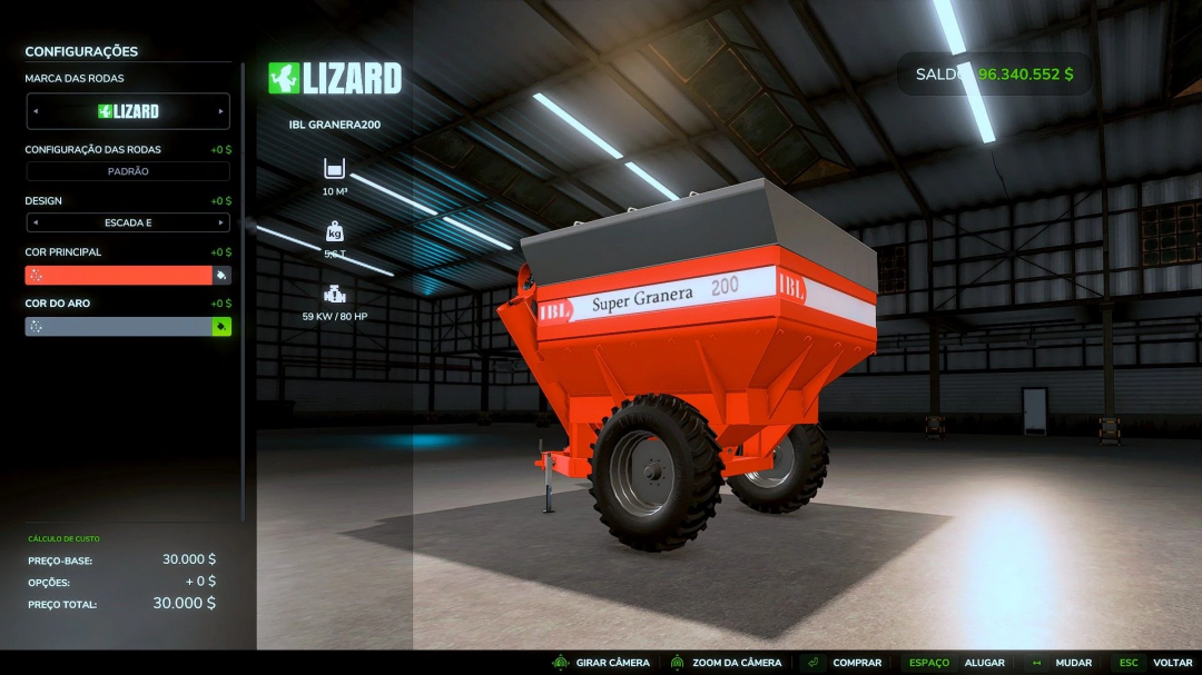 FS25 mod IBL GRANERA 200 v1.0.0.0 in a garage with customization options.