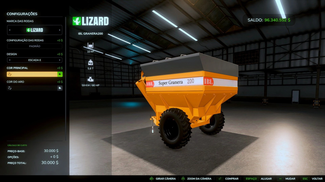 FS25 mod IBL GRANERA 200 v1.0.0.0 in a virtual garage showing customization options.