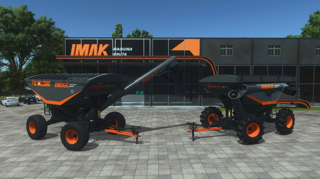 IMAK Grain Trailer CG 28500 for FS25 mods in Farming Simulator 25, parked in front of a modern building.