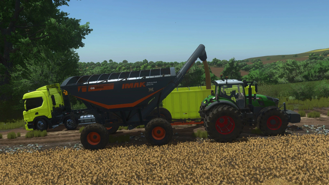 FS25 mod IMAK Grain Trailer CG 28500 in a field, connected to a tractor and truck in Farming Simulator 25.