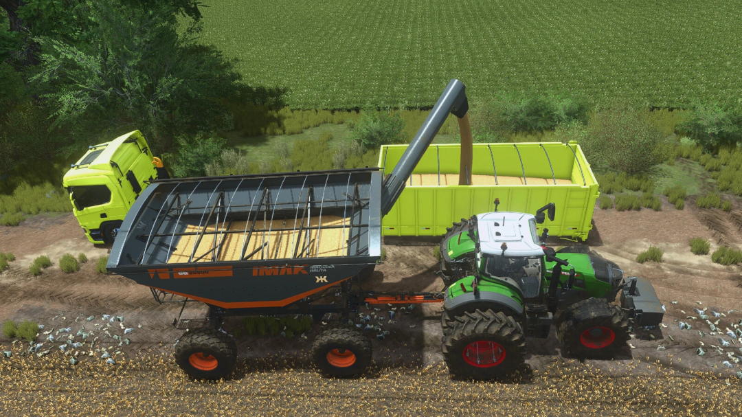 IMAK Grain Trailer CG 28500 mod in FS25 unloading grain into a bright yellow container with a tractor nearby.