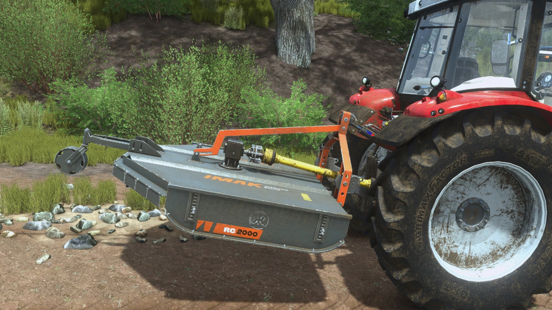 IMAK RC 2000 mower attached to a tractor in FS25 mod scene, showcasing Farming Simulator 25 mods.