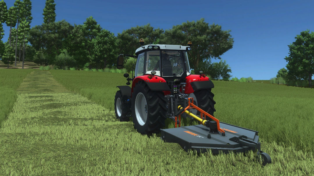 IMAK RC 2000 mod in FS25 showing a tractor with a mower attachment in a grassy field.