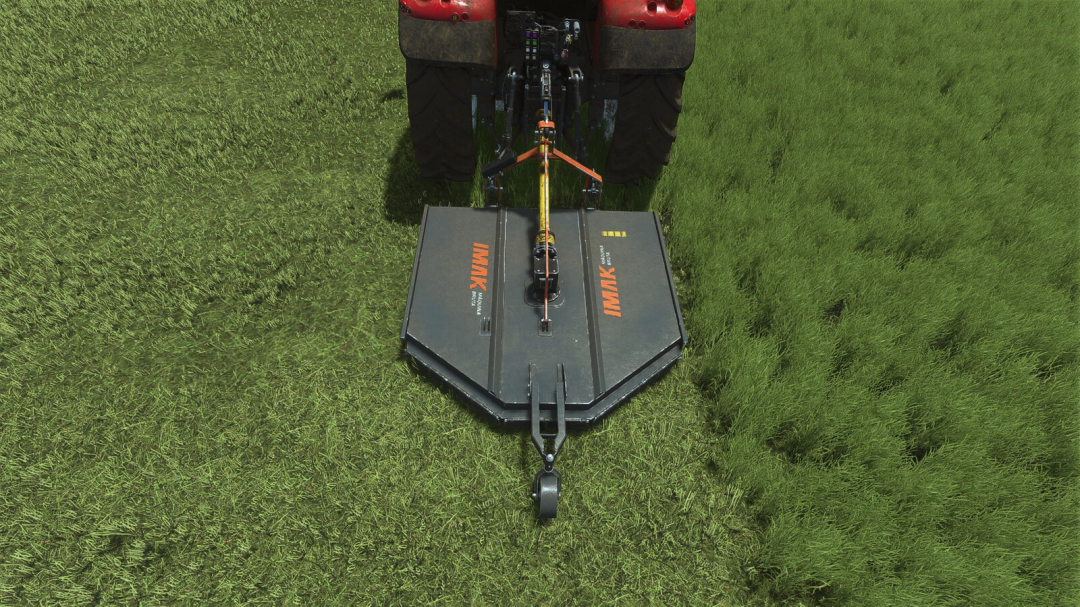 Top view of IMAK RC 2000 mod for Farming Simulator 25 showing mower attachment cutting grass.