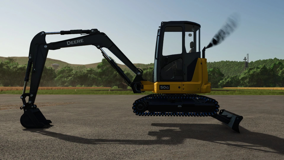 John Deere 50G excavator mod in FS25, showcasing a detailed side view on a sunny day in Farming Simulator 25.