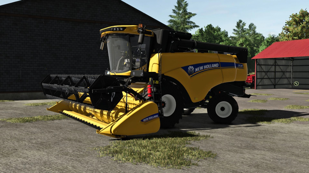 New Holland combine harvester in Farming Simulator 25 mod, parked on a farm.