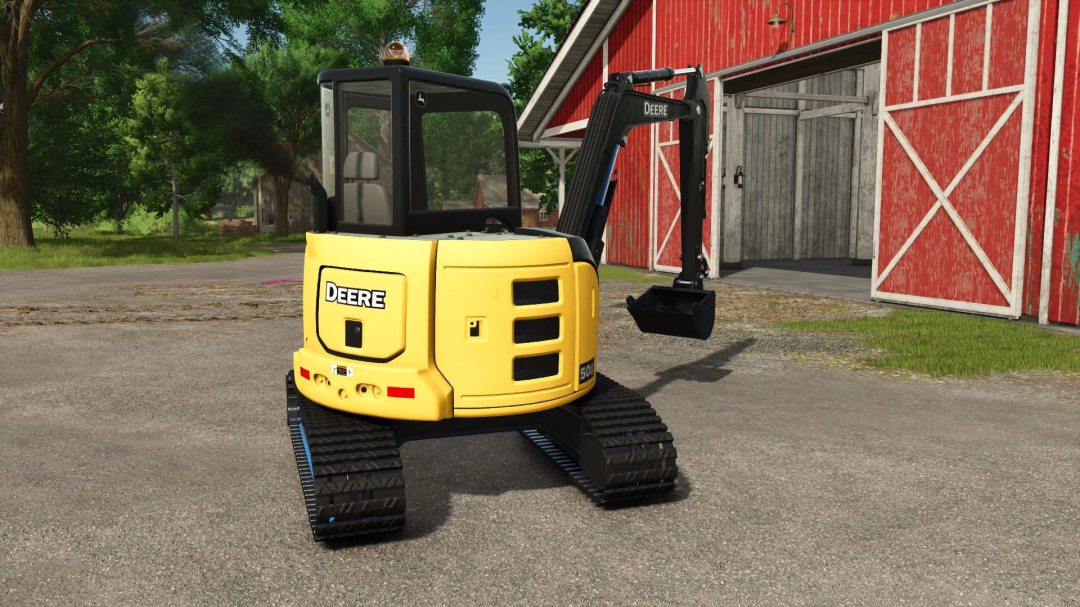 John Deere 50G excavator mod in FS25 game, parked near a red barn.