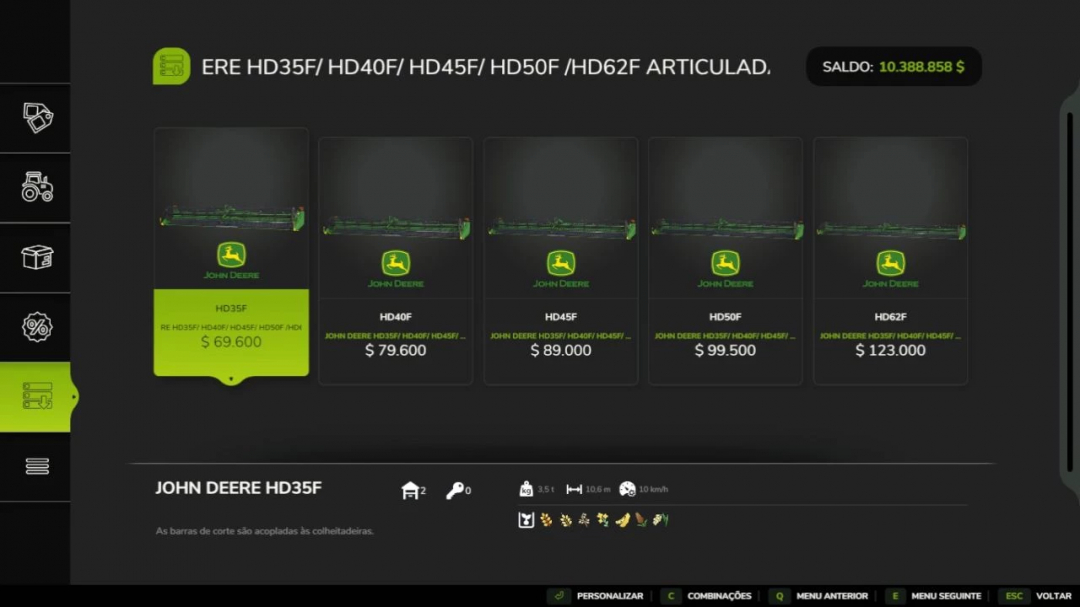 Farming Simulator 25 mod menu showing John Deere HD50F harvester headers and prices.