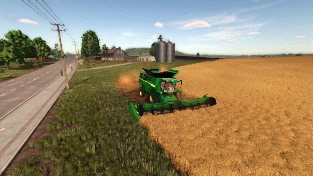 John Deere HD50F mod in Farming Simulator 25 harvesting a wheat field. FS25 mods enhance gameplay with realistic machinery.