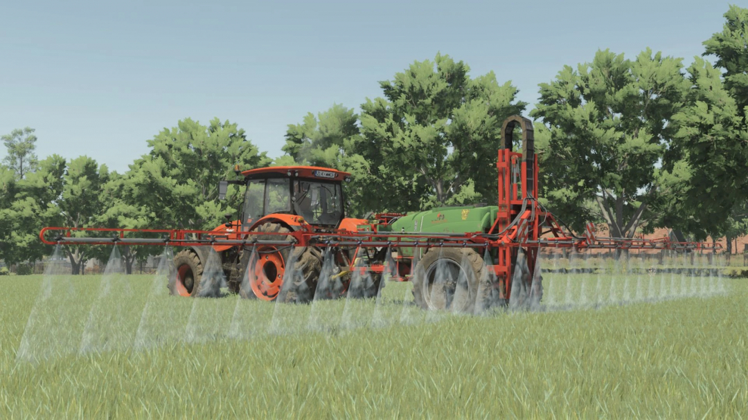 FS25 mod KFMR Krukowiak Apollo 1000/15/PHX in action, spraying a field in Farming Simulator 25.