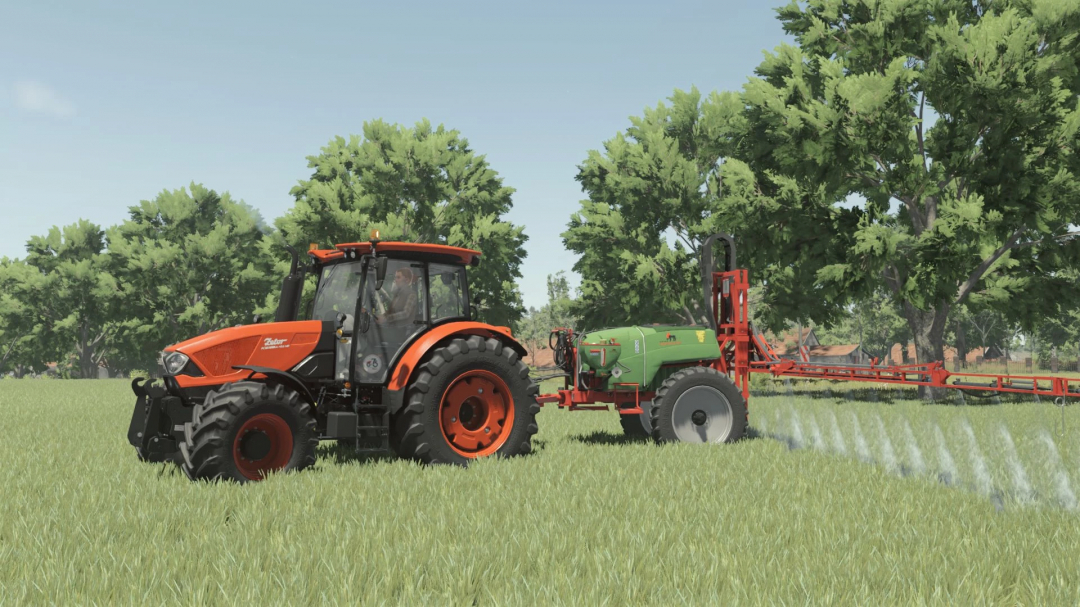 FS25 mod showcasing KFMR Krukowiak Apollo 1000/15/PHX tractor and sprayer in a field.