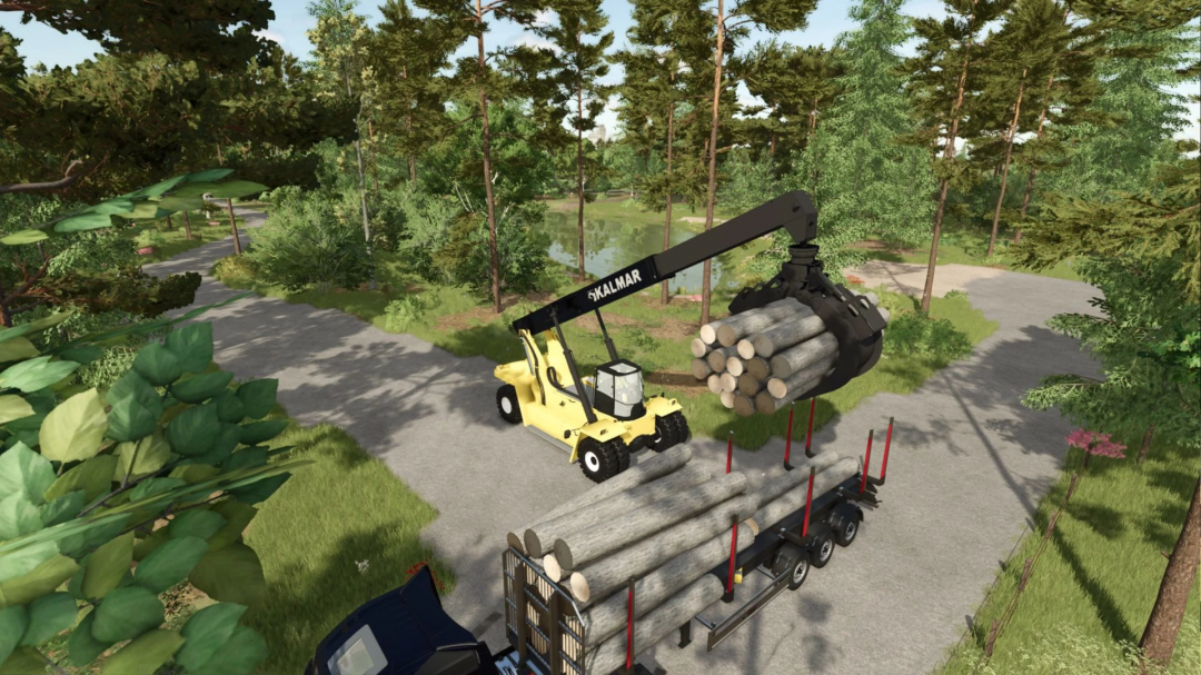 Kalmar Forestry mod in FS25 lifting logs onto a trailer in a forest setting.