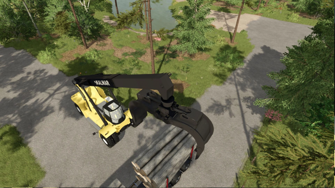 Kalmar Forestry crane loading logs into a truck in FS25 mods scene.