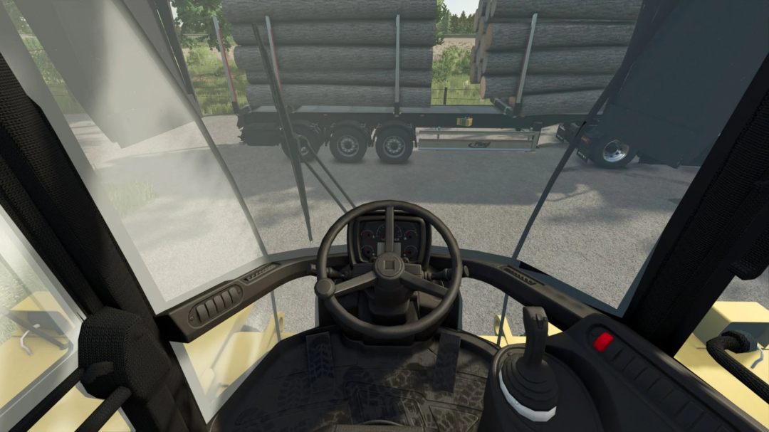 View from inside a forestry vehicle in FS25 mod Kalmar Forestry v1.0.0.0, showing steering wheel and a loaded log trailer.