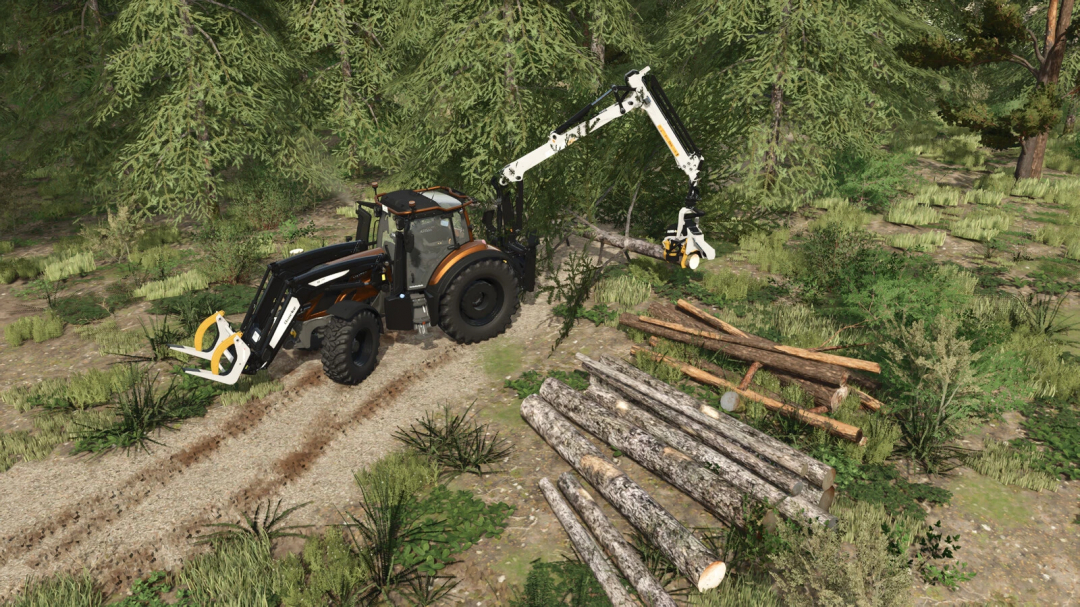 FS25 mod Kesla Forestry Pack showing a tractor with a log crane in a forest.