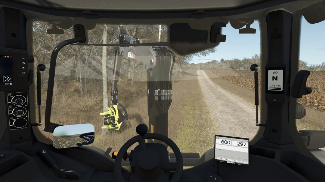 Inside view of a forestry vehicle with Kesla Forestry Pack mod in FS25, showing controls and landscape.