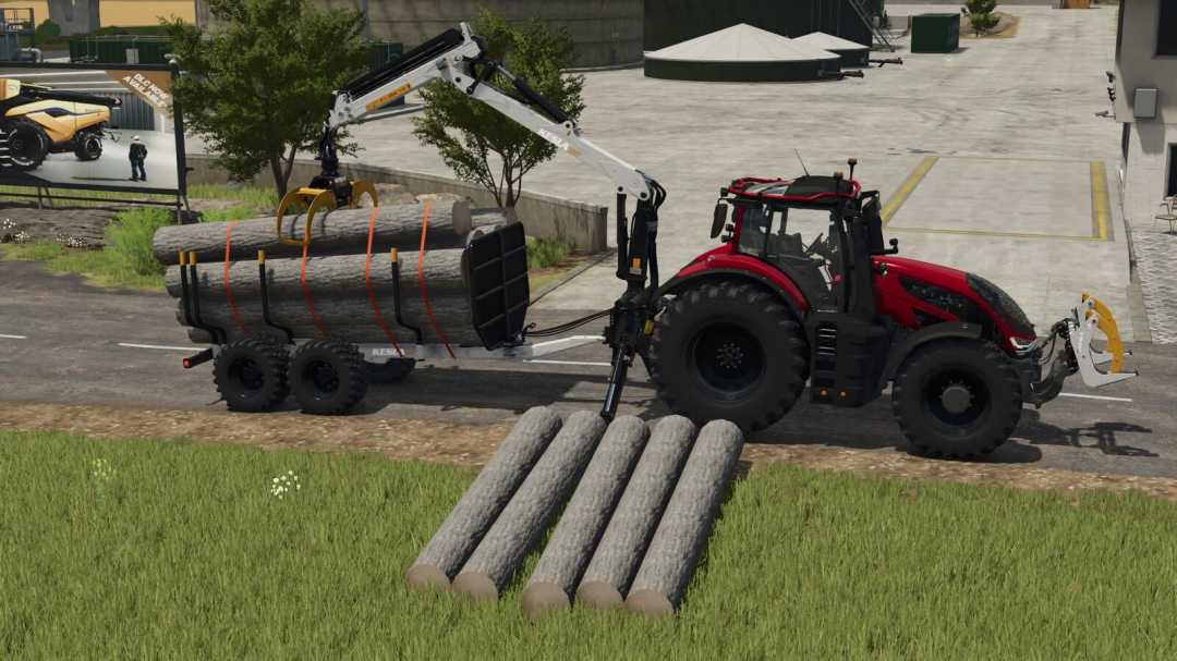 Kesla Forestry Pack mod for FS25 showing a red tractor with log crane and trailer loaded with logs.